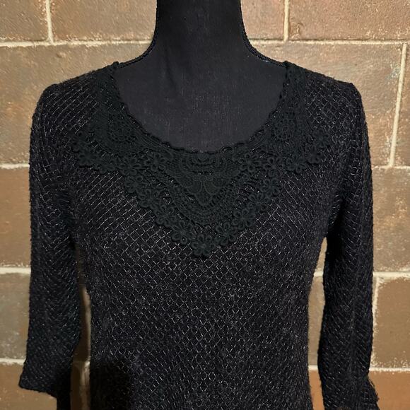 Creation Black Knit Crochet Lace Layer Look Tunic Top Women's S Small - Picture 3 of 8